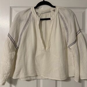 White Peasant Top with Navy and Gray Stitching